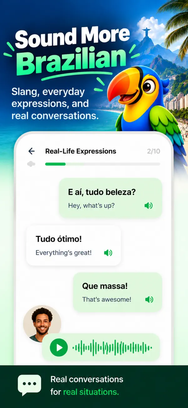Current App Store artwork: Sound More Brazilian, with the toucan, expressions, and audio