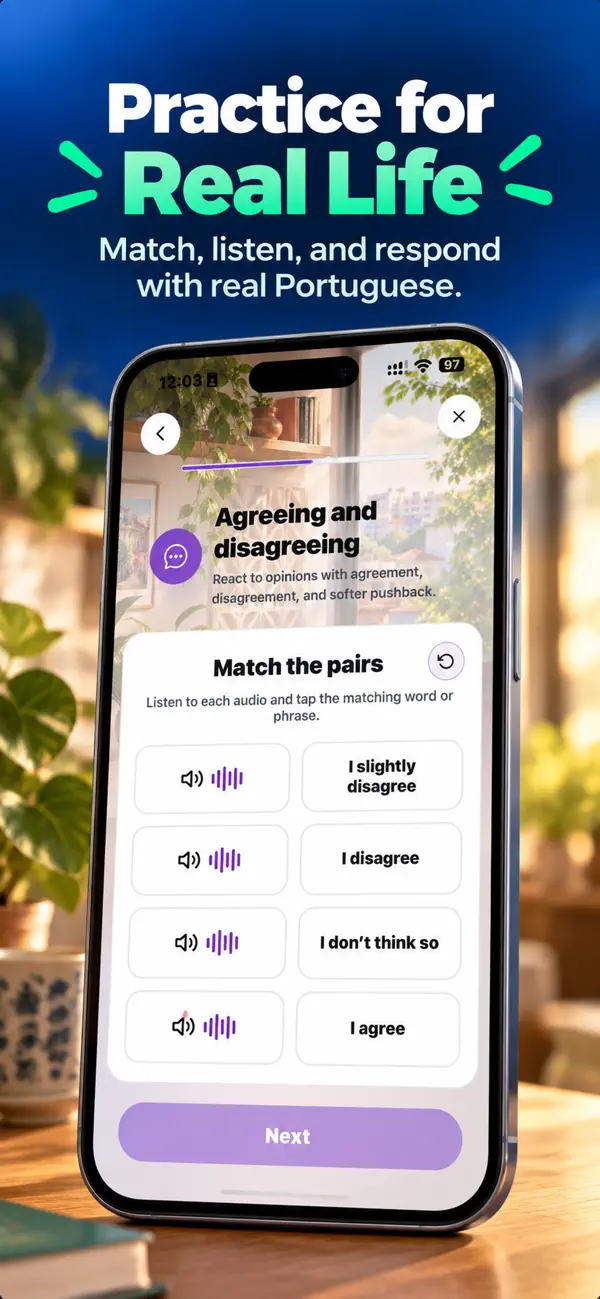 Current App Store artwork: Practice for Real Life, with an interactive Portuguese lesson